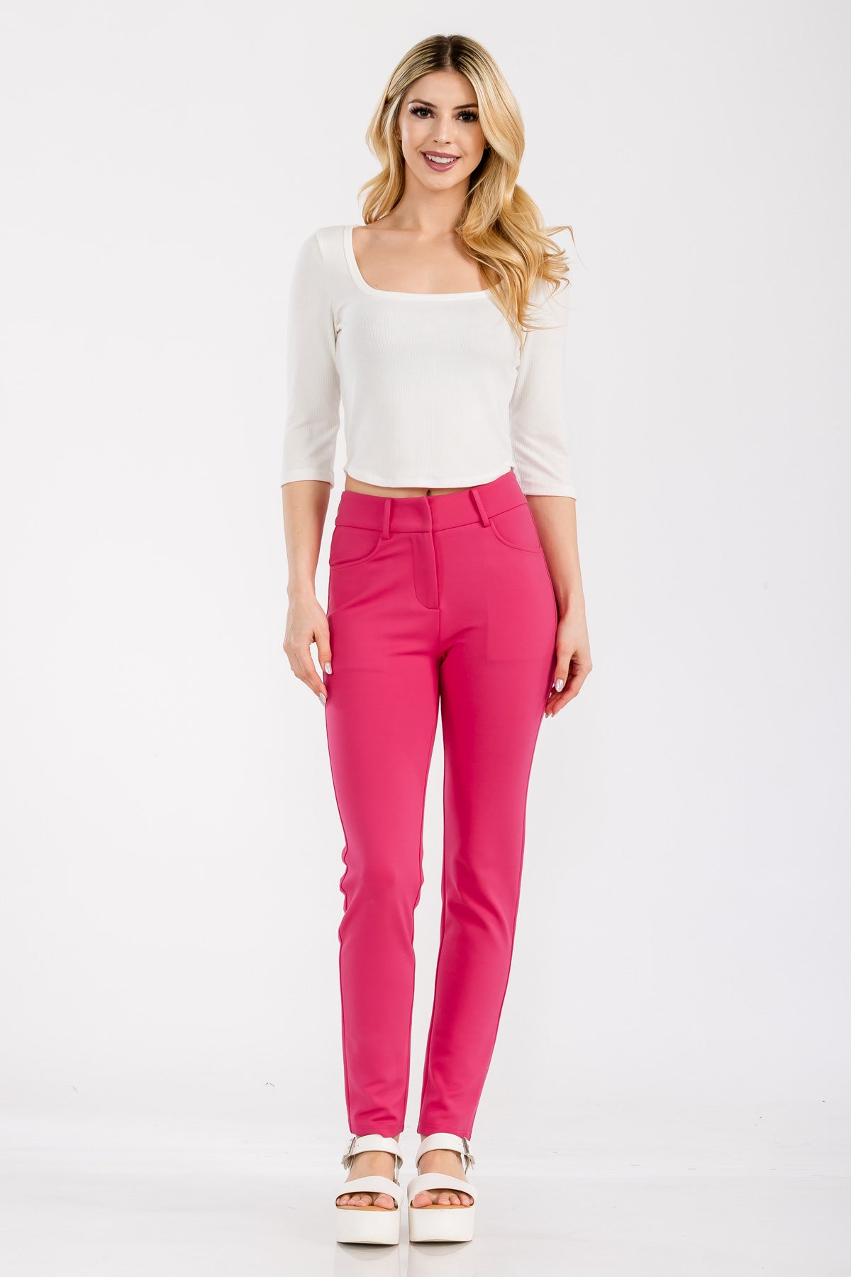 Solid High Waist Casual Pants Stretch and Pocket