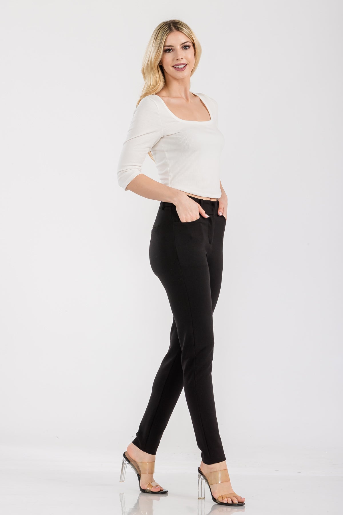 Solid High Waist Casual Pants Stretch and Pocket