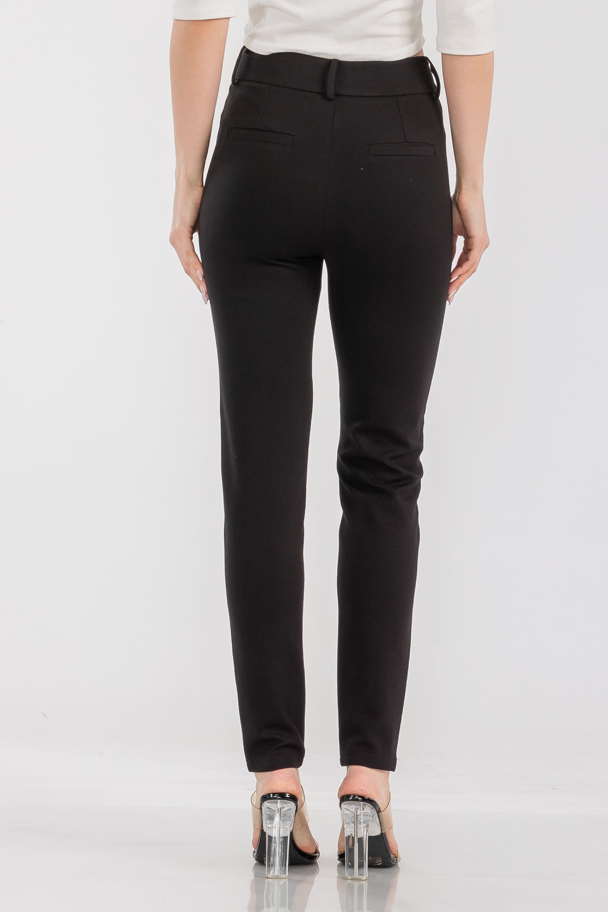 Solid High Waist Casual Pants Stretch and Pocket