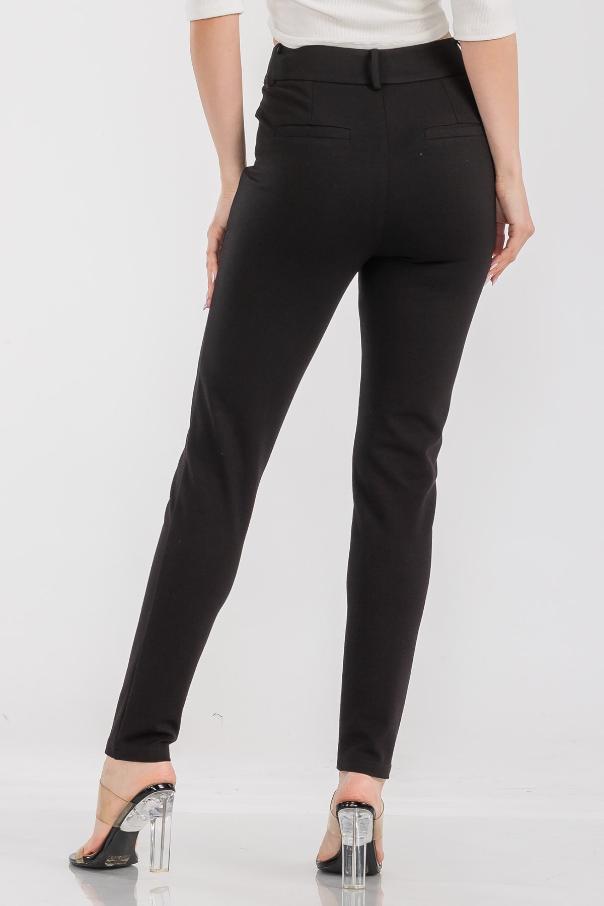 Solid High Waist Casual Pants Stretch and Pocket