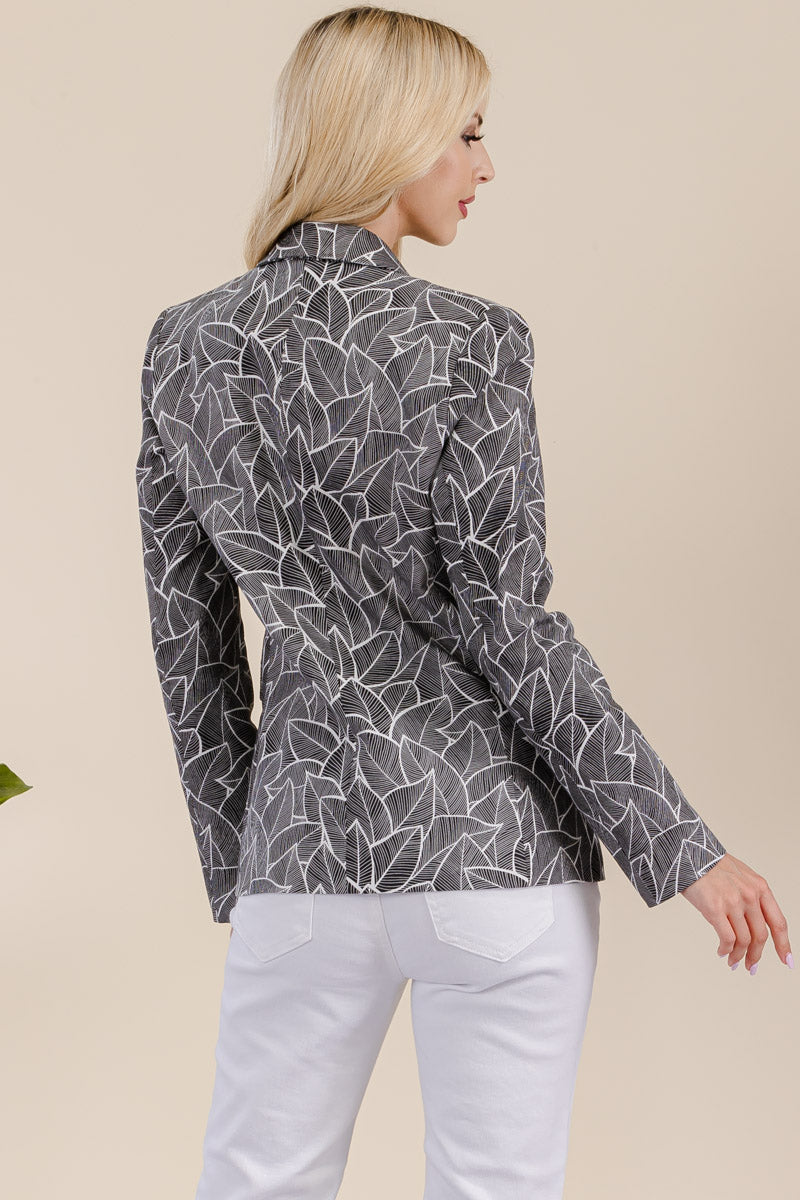 LEAF PRINTED CASUAL JACKET WITH BUTTON CLOSURE AND FLAP POCKET